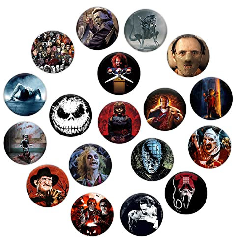 GTOTd Halloween Pins Set Buttons Anstecker (18 Stück 3.8cm). Geschenke Merch Horror Film Pins Party Dekoration für Kleidung Taschen Rucksack Jacken Zubehör Basteln Dekor Teens