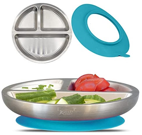 Rilli Edelstahl Saugnapf Teller, rutschfestes Baby Geschirr, BLW geeignet, Baby Saugnapf Geschirr (Petrol)