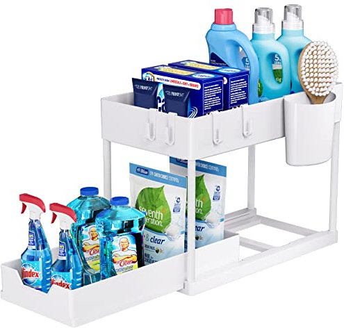 Puricon Unter Waschbecken Regal, 2 Etagen Standregal Küche Arbeitsplatte Regal Organizer, Mehrfunktional Küchenregal Gewürzregal Unterschrankregal Spülschrankregal -Weiß