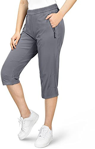 33,000ft Women's Capri Golf Trousers Casual Quick Dry UPF 50+ Lightweight Quick Dry 3/4 Cargo Pants Hiking Shorts with Pockets Grey UK 10