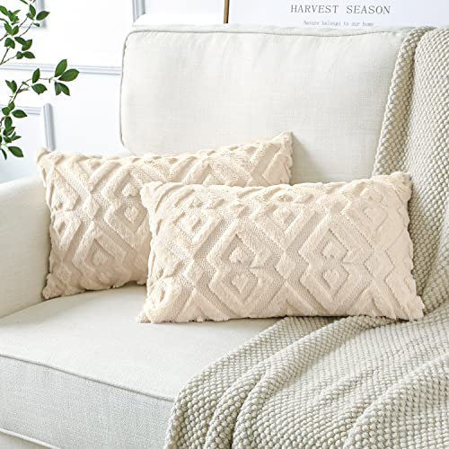 Artscope 2er Set Wolle Kissenbezüge Weicher Plüsch Kurzer Wollsamt Dekokissenbezuge Luxuriöses Sofakissen Europäische Kissenhülle für Sofa Schlafzimmer Geometrische Creme Beige, 40x60cm