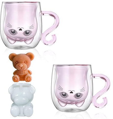 DONGSHANGIFT Juego de 2 Tazas de Té de Gato 250ml Doble Pared de Cristal Taza de Café con Leche con Asa Regalos de Gato para Cumpleaños de Mujeres Chicas Amantes de los Gatos (2 Pack, Gato Rosa)