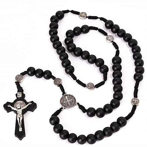 Siganorpy Wood Rosary Necklace Wooden Smooth Beads Catholic Cross Necklace Religious Jewelry Catholic Jesus Cross Pendant Necklace for Men (Black)