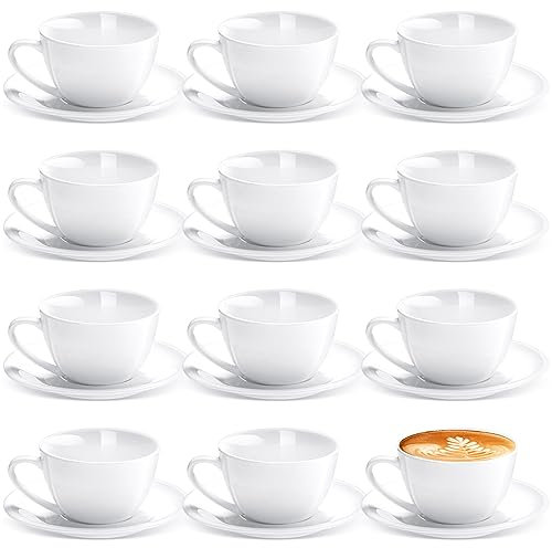 Maxdot Set di 12 tazze da caffè in ceramica bianca da 155,9 ml, tazze da cappuccino con piattino, tazze da tè e piattini, tazze da caffè espresso e cappuccino, per caffè, caffè, caffè