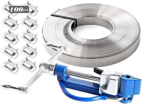 Steel Banding Strapping Kit - Stainless Steel Banding Tool - Screw-Type Tensioner&Cutter&Crimper, 3/4 * 100Ft S304 Banding Coil, 100pcs Steel Buckles, High Tensile Heavy Duty Metal Packing