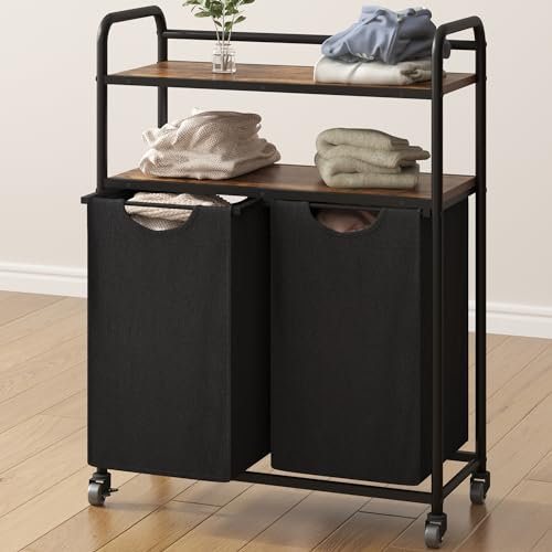 Hzuaneri Wäschekorb 2 Fächer, 2 x 46L, Wäschesammler mit 2 Ablagen, Wäschesortierer, Wäschesack ausziehbar und abnehmbar, pro Tasche 46 Liter, für Badezimmer, Waschküche, vintagebraun-schwarz LB08801B