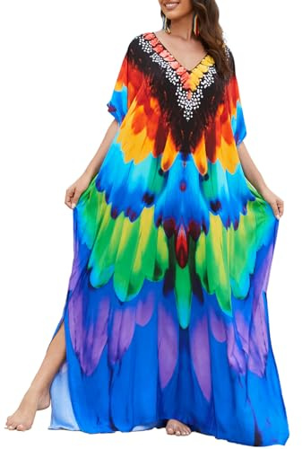 Bsubseach Kaftan Dresses for Women Long Swimsuit Cover Up Plus Size Beach Bathing Suit Resort Wear Feather