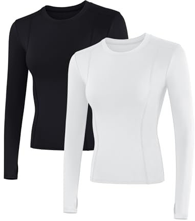 IECCP Funktionsshirt Damen Langarm Laufshirt Sportshirt Schnelltrocknend T-Shirt Fitness Yoga Training Langarmshirts 2er Pack Schwarz und Weiß L