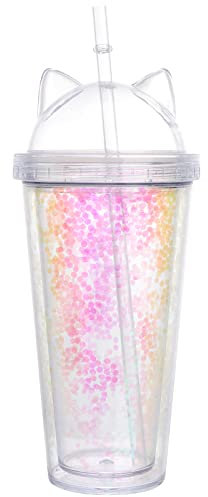 Straw Lid Cup Water Tumbler with Straw Lid Double Layer Insulated Water Cup Glitter Star Water Bottle Beverage Cup with Cat Ear Lid for Kid Childern Adult 420ml