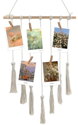 Fodlon Boho Deko Makramee Wandbehang - Fotoaufhängung mit 26 Holzklammern und Nägeln für stilvolle Bilderrahmen-Collage - Wohnkultur (67 cm x 42 cm)