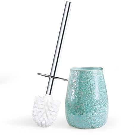 Escenzy Turquoise Green Toilet Brush and Holder Set Mosaic Glass | Non-Rustic Stainless Steel | Practical & Decorative Toilet Bowl Brush and Holder | Luxury Green Bathroom Accessories