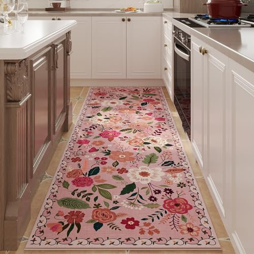 Rugcomf Teppichläufer für Flur, Küche, Waschküche, Schlafzimmer, Badezimmer, rutschfest, 60 x 150 cm, waschbar, mit Gummirücken, weiches Blumenmuster, für Flur, Küche, Waschküche, Schlafzimmer
