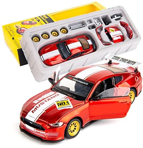 1:42 DIY Ford Mustang Auto Modellbausatz, Abnehmbares Die-Cast Spielzeugauto mit Öffnenden Türen, Lernpuzzle-Set für Kinder, Geschenk für Jungen & Mädchen (Rot)