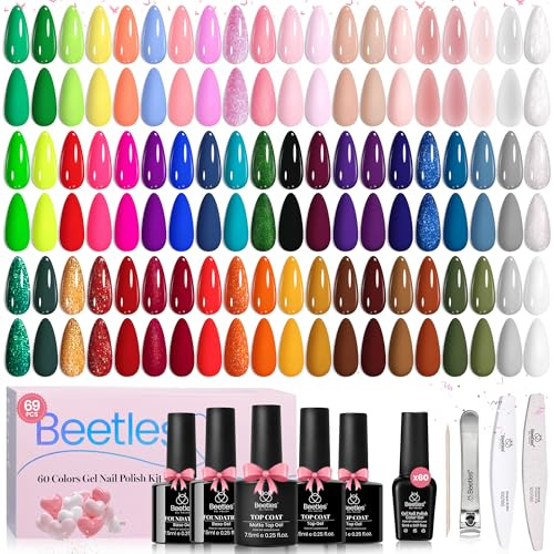 Beetles Gel-Nagellack-Set, 60 Farben Neon-Gel-Nagellack-Set Jelly-Glitzer Nude-Pink Weiß Rot Blau Grün Braun Sommerfarben-gellack-Basis und glänzend-matter Überlack Nail Art Geschenk für Sie