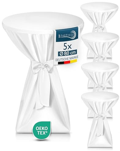 Beautissu 5X Premium Stehtischhussen 80 cm Blickdicht Weiß – Tischhussen für Stehtische 80 cm rutschfest Bügelfrei & Waschbar Stehtischüberzug Schleifenband – Husse für Stehtisch Bistrotisch