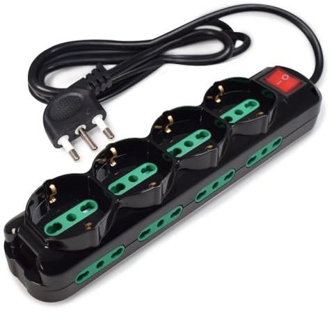 Tecnoware Power Systems Mehrfachsteckdose Power Cleaner 12, 4 Schuko/Italia Ausgänge, 8 Italia 10/16A Ausgänge, Leuchtschalter, Kindersicherung, 1,5m Kabel, 16A Italia Eingang 90°, Schwarz