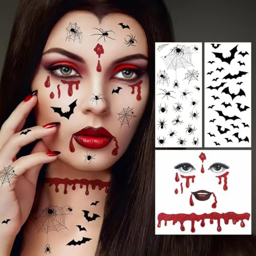 Halloween Aufkleber Gesicht,Halloween Gesichtstattoo mit Glitzersteine Strasssteine Fledermäuse Spinnen und Spinnennetz Motive Temporäre Tattoos,Vampir Tattoo für Karneval,Tag der Toten,Kostüm Damen