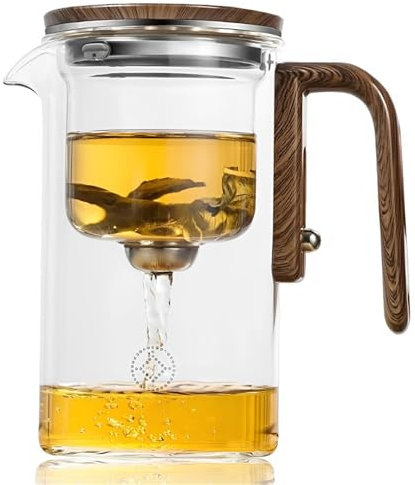 MFRVXQUL Tetera de cristal con mango de madera, tetera de filtro con dos filtros, tetera de bruja, vaso mágico para tetera con control de presión (720 ml)