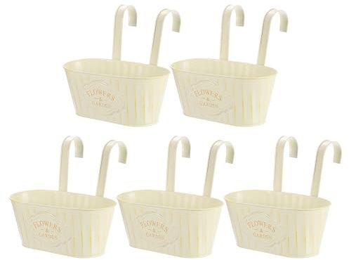 sourcing map 5Pcs Metal Hanging Flower Pots for Railing Fence, 11 Railing Planter Box with Detachable Hooks Drainage Holes for Outdoor Plants Balcony Garden Home Decor, White FLOWERS