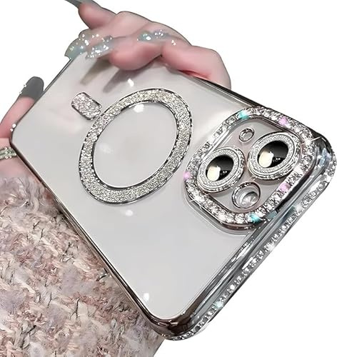 Yhsvie Glitzer Hülle iPhone 16 Magnetisch Handyhülle Transparent Silikon Case für Frauen Mädchen Bling Glitter Diamant Kameraschutz Cover Stoßfest Schutzhülle für iPhone 16, Silber