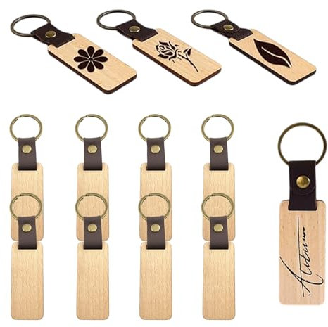 CANCYCC Personalisierter Schlüsselanhänger aus Holz und Leder - 12 Stück Rohlinge für Lasergravur, DIY Basteleien, Malerei, Beschriften mit Schlüsselring
