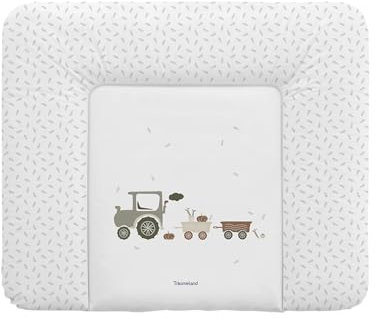 TRÄUMELAND - Wickelauflage Little Farm grün | Wasserabweisende und abwischbare Wickelauflage mit süßen Traktoren | Wickeltischauflage ausThermo-Vlies und phtalatfreie PVC. 75x85 cm