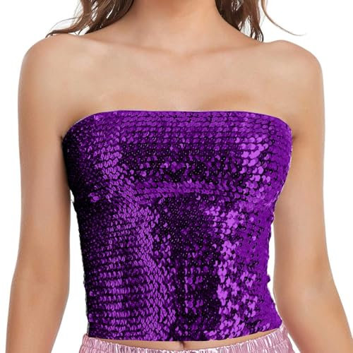 EMUKFD Top da donna con paillettes sexy lucido elastico senza spalline crop top metallico scintillante avvolgente fascia Carvinal Party Clubwear, Viola, Taglia unica