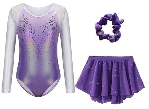Happy Cherry Turnanzug Mädchen Langarm Rock Haarband Set Gymnastikbody Trikotanzug Tanz Kleid Gymnastics Leotard Girls Lila 9-10 Jahre