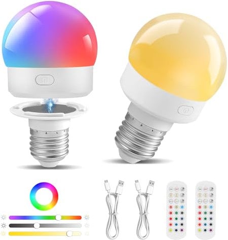 Gxpjycfob E27 Smart Bulbs, USB Rechargeable LED Light Bulb with Remote Control, 3 Color Temperatures, Battery Powered, Touch Control & Timer, 2 Pack, Ideal for Camping & Emergency