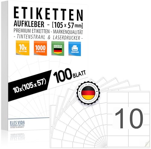 Adressaufkleber Selbstklebend 105x57 mm (10 pro DIN A4 Bogen), 100 Blatt | Adressetiketten bedruckbar mit Inkjet- und Laserdrucker Aufkleber, Drucker Etiketten - 1000 Stück - MADE IN GERMANY
