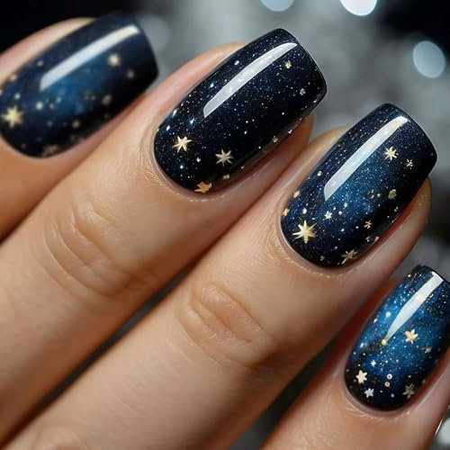 24Pcs Cat Eye Press on Nails, French False Nails Short Square, Dark Blue Glitter Glossy Fake Nails Full Cover Glue on Nail, Universe Starry Sky Reusable Stick on Nail for Women and Girls Daily Wear