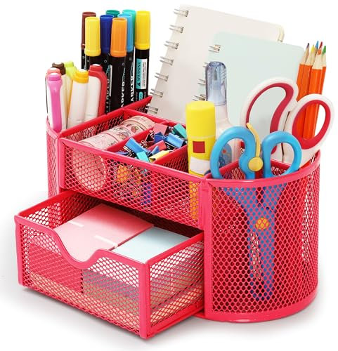 Chumix Schreibtisch Organizer, Büro Organizer mit Schublade und Stifthalter, Anti-Slip Mesh Metal Desk Organizer, Platzsparendes, para Hause, Schule, Büro (Rosenrot)