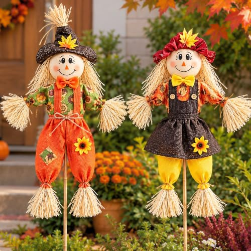 Marco Paul 90cm Scarecrow Halloween Decorations Outdoor - 2 Pack Standing Scarecrow Ornaments for Halloween Harvest Decorations, Garden Ornaments Outdoor, Autumn Decor