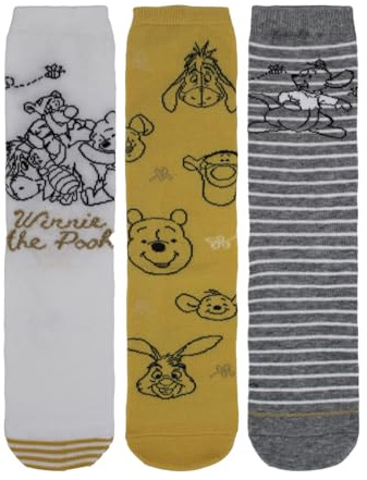 Disney Winnie the Pooh Ladies' Socks, 3 Pairs Gift Box Set, White/Yellow/Grey, One Size