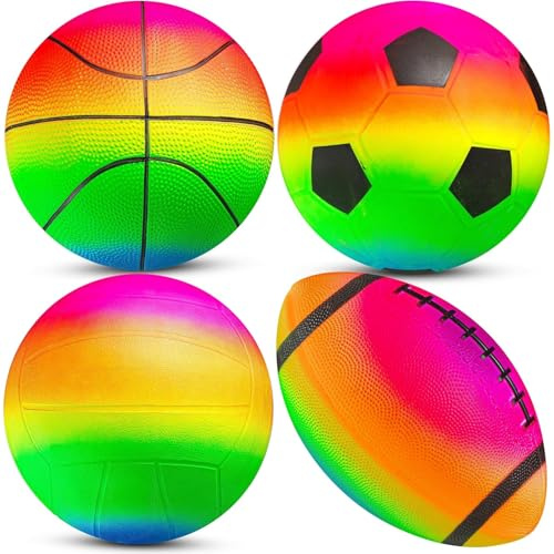 PlayBolt Mini-Regenbogen-Sportball-Set (4er-Pack) – 12,7 cm mit Handpumpe | Basketball, Fußball und American Football, Spielzeug für drinnen und draußen für Kleinkinder und Vorschulkinder