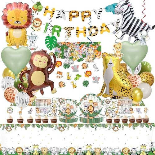 Wild one geburtstag deko, 184 PCS Dschungel deko junge Mädchen, Dschungel deko geburtstag Enthält banner, Tortendeko, Ballons, Tischdecke, Papierfach, Papierserviette, Konfetti