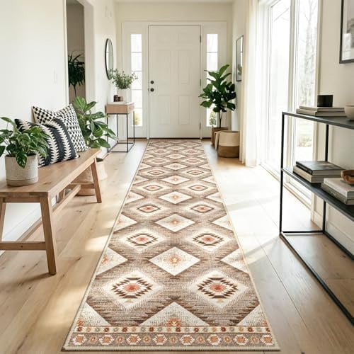 DEFYNEE Teppich Läufer Flur 60 x 300 cm, rutschfest Küchenläufer, Kurzflor Teppichläufer, Waschbar, Faltbar, Boho Design – für Flur, Küche, Wohnzimmer & Büro, Kamel