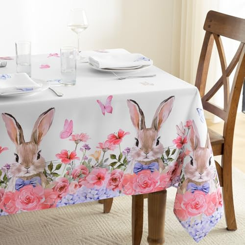 FIBORIA Tischdecke Ostern 240x140 cm Abwaschbare Hase Mit Rosa Blumenmotiv Tischdecken Weiß Outdoor Wasserabweisend Modern Rechteckig Tablecloth Für Gartentisch Frühling Garten Party Geburtstag