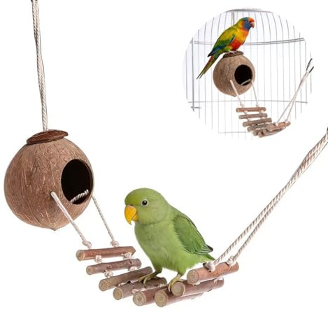 Didabotak Natürliches Kokosnussversteck-Vogelhaus mit Leiter Hängenest für Papageien, Hamster und Eichhörnchen, dekoratives Vogelbett für Käfig und Garten