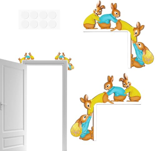 HERKINDNESS 2 Stück Türrahmen Deko Osterhase, Hasenmotiv Osterdeko Türrahmen, Osterdeko Türecken mit 8 Stück Doppelseitigem Klebeband, Osterdekorationen aus Holz für Türen, Fenster, Kühlschrank
