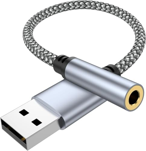 USB to 3.5mm Audio Jack Adapter, 2-in-1 External Sound Card with DAC Chip, USB to Aux Braided Dongle Compatible with TRRS Headset, PC, Laptop, PS4, PS5, Mac, Linux, Surface, Windows