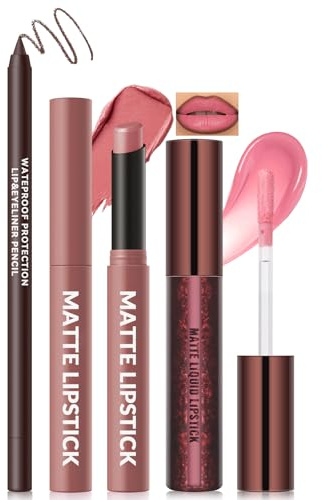 Noerrors 3PCS Matte Liquid Lipstick Lip Gloss & Liner Kit, All-In-One Lips Combo Trio Set, Velvety Tinted Dusty Rose Pink Lipstick Balm, Waterproof Bright Pink Lip Gloss For Plumping Effect Makeup #04