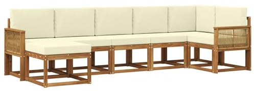 vidaXL Outdoor-Sofagarnitur mit Kissen 7 pcs Natur und Creme Polyester, Modularer Gartensofa-Set, modernes Outdoor-Sofa, wetterfester Terrassenmöbel, Akazienholz, braunes Sitzen