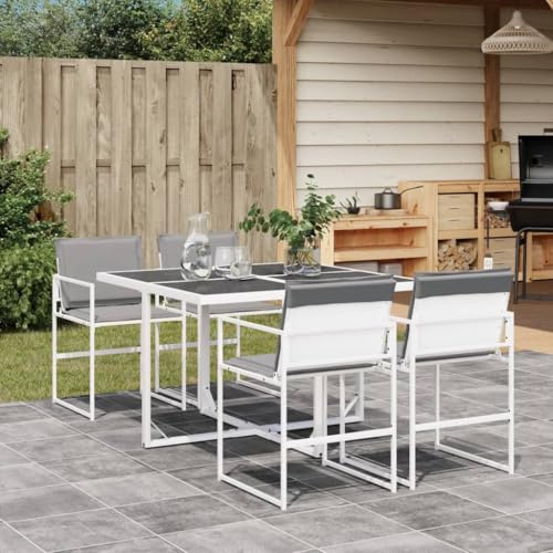 Set di mobili da giardino in textilene da 5 pezzi con cuscini per seduta, bianco, tavolo in vetro e sedie pieghevoli con schienale, coperture lavabili rimovibili, telaio in acciaio verniciato
