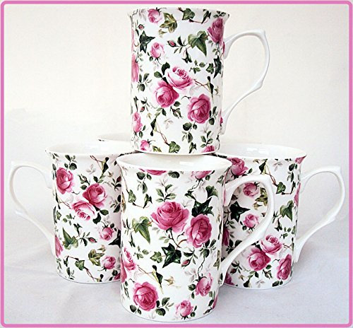 Ivy Rose Mugs Set of Six Fine Bone China Pink Roses Flowers Mugs Hand Decorated in The UK Free UK Delivery