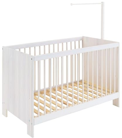 BioKinder Babybett Gitterbett Beistellbett Kinderbett Niklas TÜV/GS geprüft mit Betthimmelstange aus zertifiziertem Massivholz Kiefer Naturweiß lasiert 60x120 cm