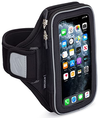 Sporteer Entropy E8 Running Armband - Compatible with iPhone 15 Pro Max, 15 Plus, 14/13 Pro Max, Galaxy S23 Plus, S22 Plus, & Other Mobile Phones - FITS CASES (Black, Small/Medium Straps)