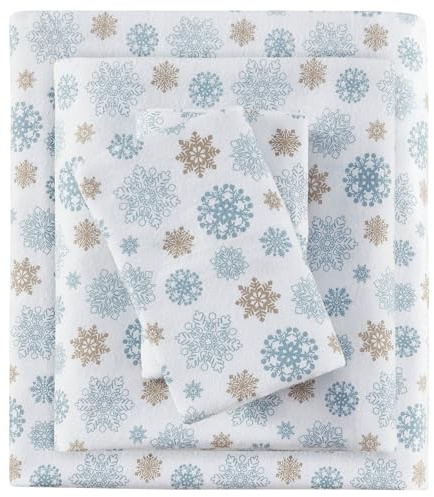 Sleep Philosophy True North by Kuscheliges Flanell-Bettwäsche-Set, 100% Baumwolle, Motiv: Tiere, Sterne, niedlich, ultraweich, für kaltes Wetter, Kingsize, Hellbraun/Blaue Schneeflocken, 4-teilig