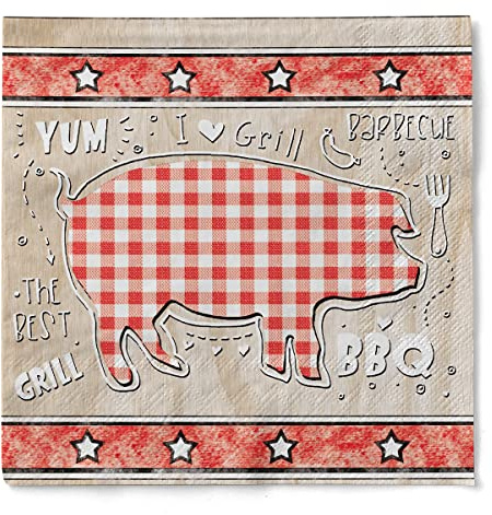 Sovie HOME Serviette BBQ aus 3-lagigem Tissue, 33 x 33 cm, 1/4 Falz, 20 Stück, Kuh Schwein Fisch Huhn Motiv, Rot Beige, dekorativ, Einweg, Grillparty