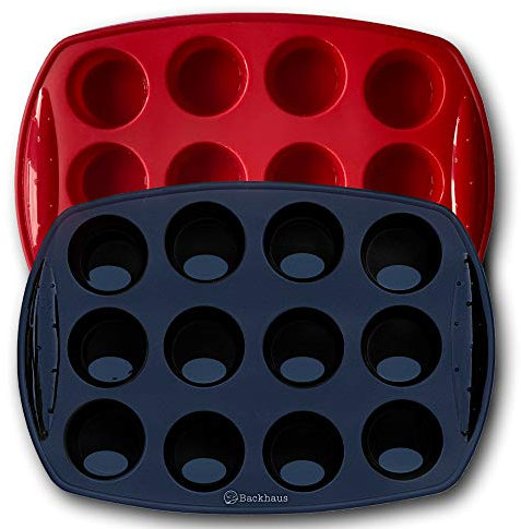 BACKHAUS Moule à Mini Muffins Antiadhésif en Silicone Platine (X2), Moule à Cupcake de 12 cavités, Set à Pâtisserie Anti-Adhérent pour Cupcakes, Brownies et petits Gâteaux Apéritifs | Rouge et Noir